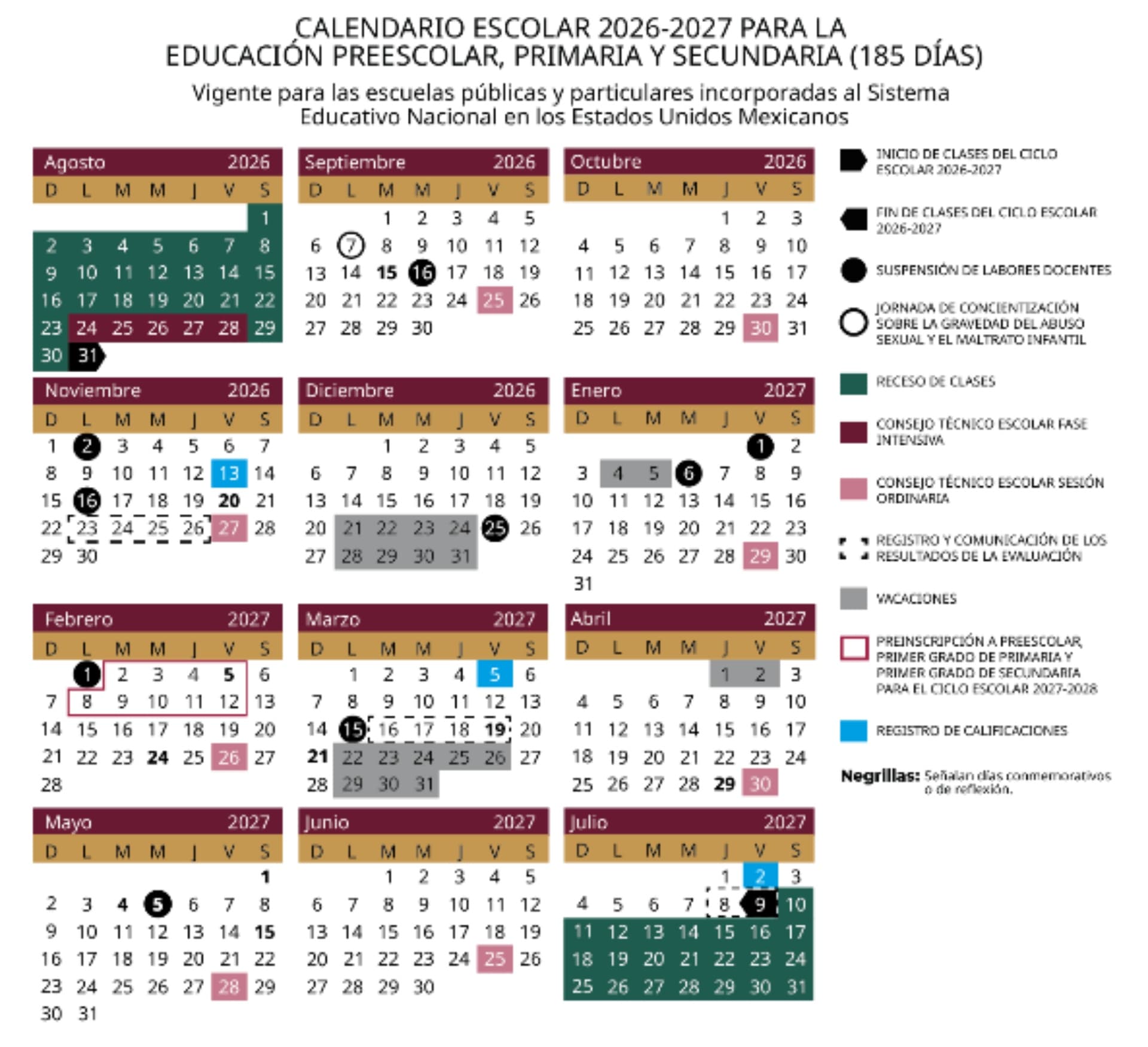 Calendario oficial de la SEP ciclo escolar 2026-2027