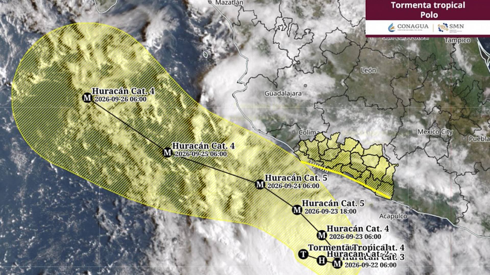 Trayectoria prevista del ciclón tropical Polo en el Pacífico. Imagen de satélite SMN