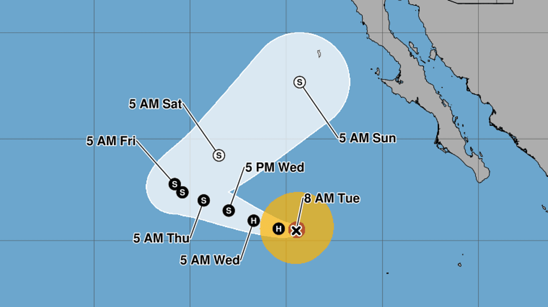 Trayectoria prevista del ciclón tropical Rachel en el Pacífico. Imagen de satélite NOAA