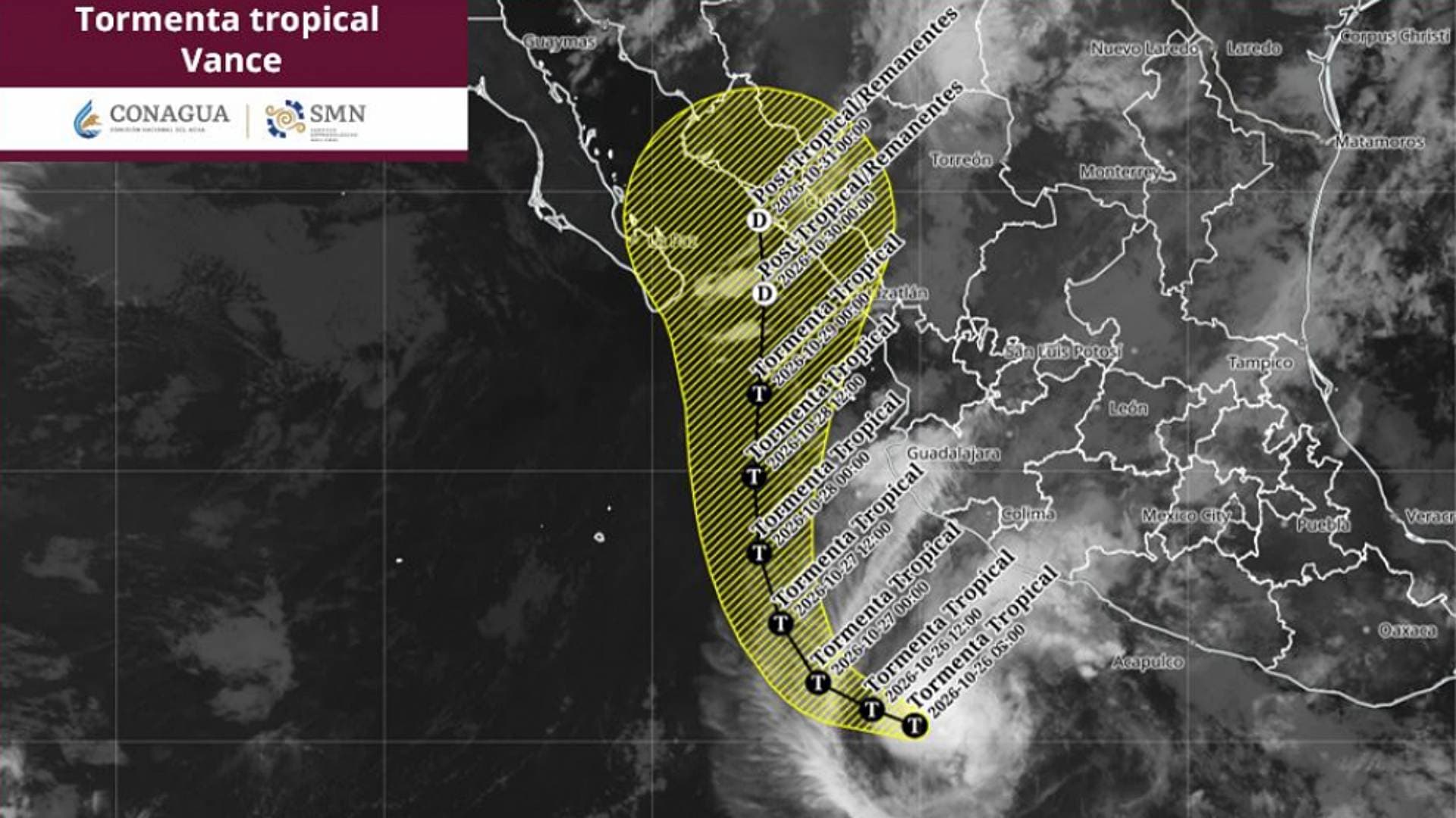 Trayectoria prevista del ciclón tropical Vance en el Pacífico. Imagen de satélite SMN