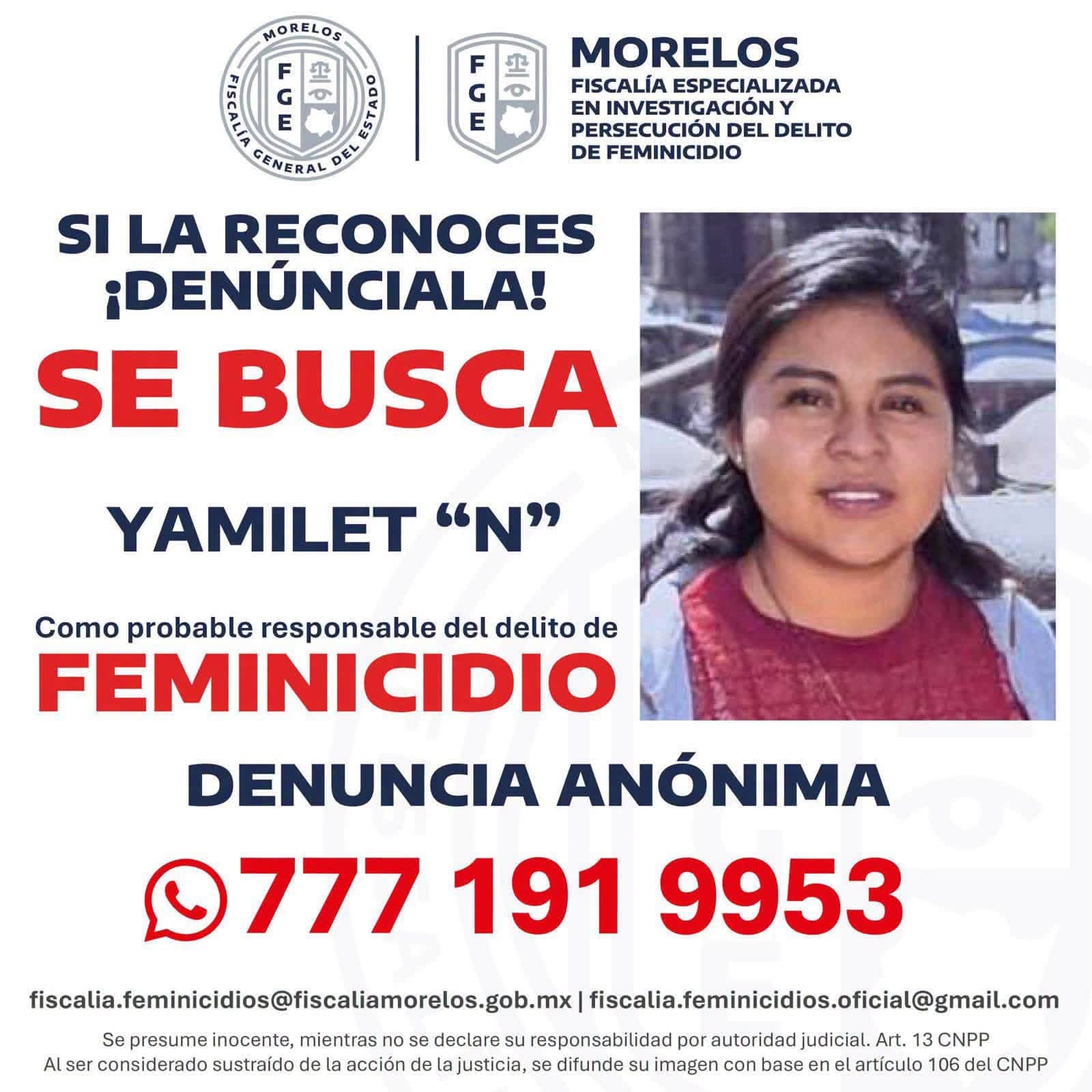 Yamilet "N" es buscada por el feminicidio de María de los Ángeles en Morelos